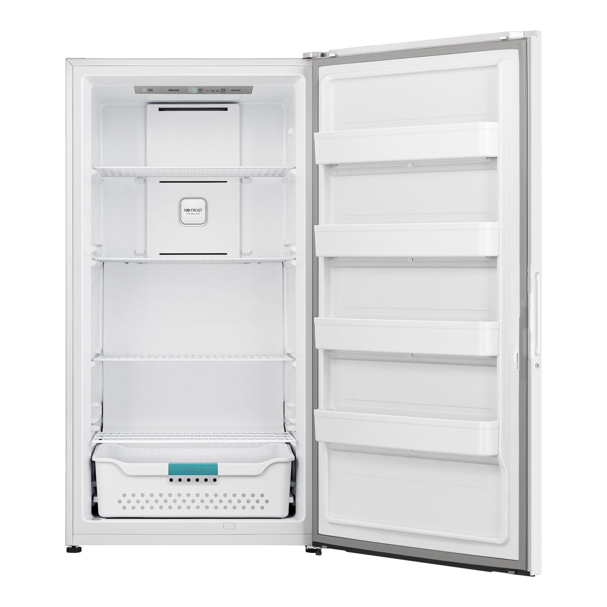 Hisense white 17 cu. ft. convertible upright freezer with door open, showing multiple wire shelves, a large lower storage basket, door bins and interior controls