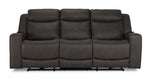 Jackson anthracite leather power reclining sofa front view with three cushioned seats, padded backs and wide arms