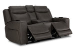 Jackson anthracite leather loveseat angled view with both power footrests extended and centre console