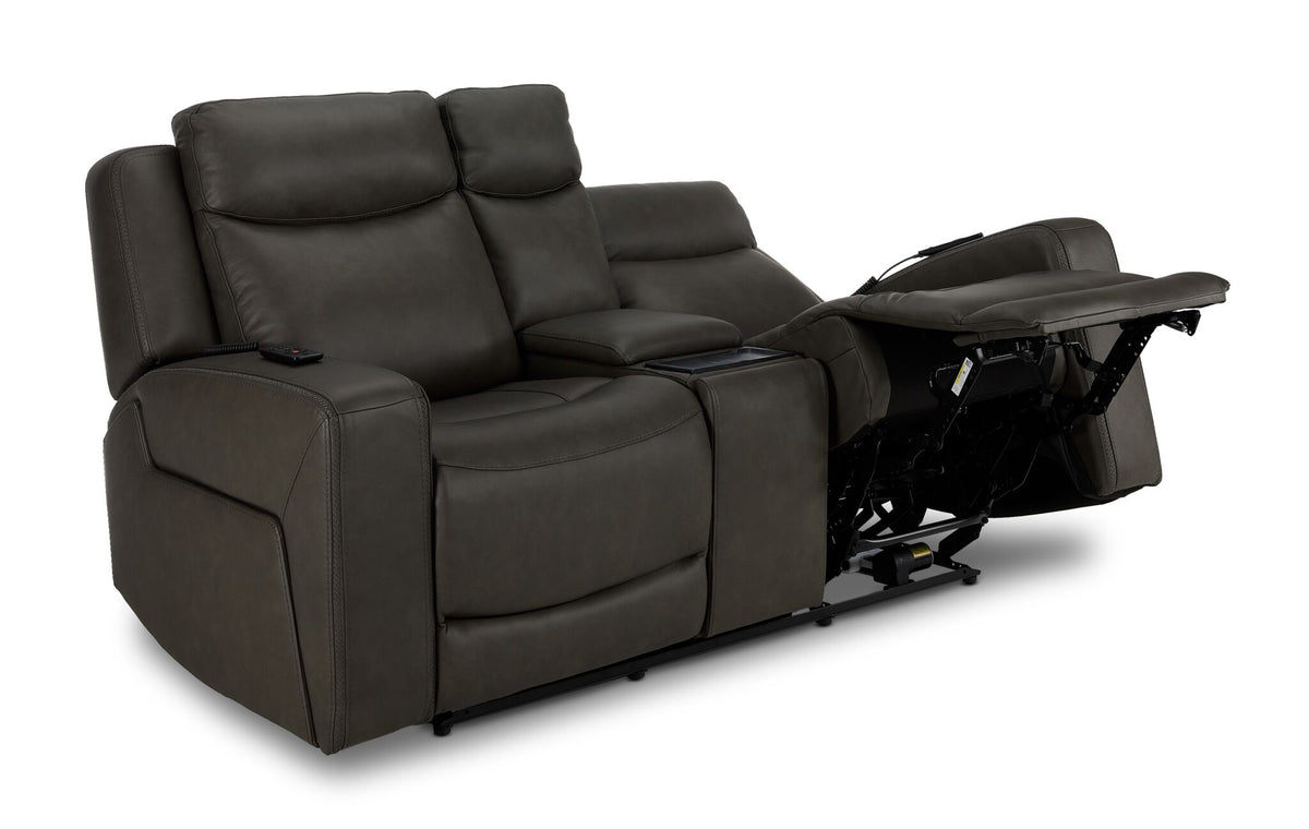 Jackson anthracite leather loveseat angled view with one seat fully reclined in zero gravity position