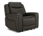 Jackson Leather Power Recliner with Heat and Massage - Anthracite angled view with padded headrest, wide arms and stitched leather