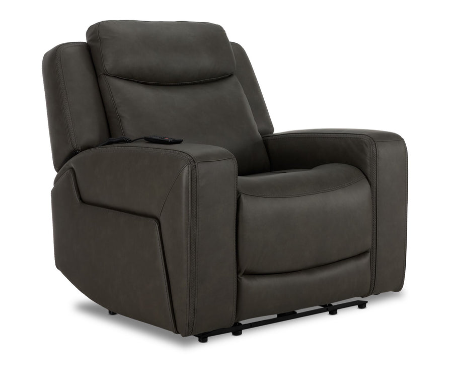 Jackson Leather Power Recliner with Heat and Massage - Anthracite angled view with padded headrest, wide arms and stitched leather