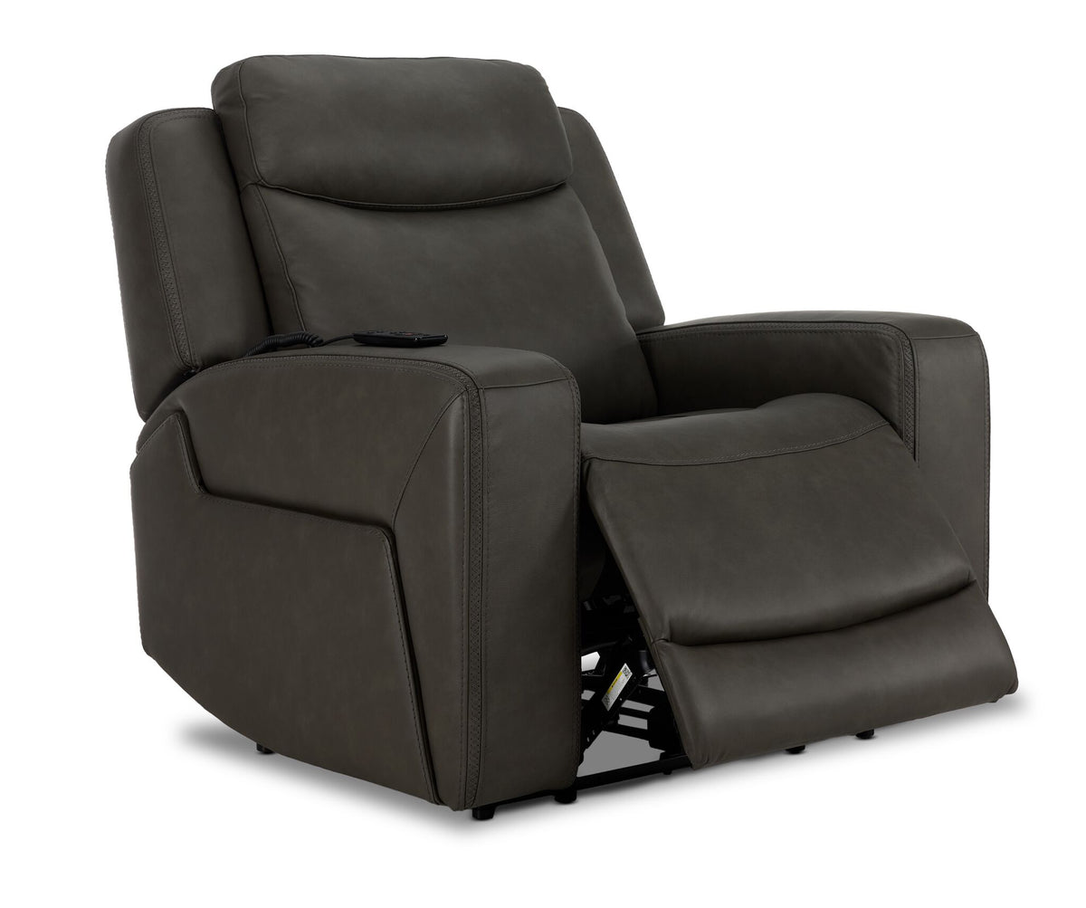 Jackson anthracite leather recliner angled view with power footrest extended and padded headrest