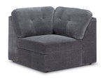 Jayce grey modular corner chair with two tufted back cushions, deep seat and low black legs