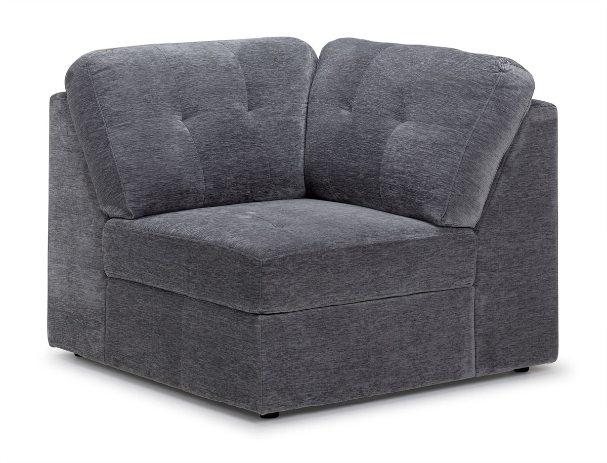 Jayce grey modular corner chair with two tufted back cushions, deep seat and low black legs
