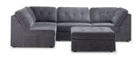 Front view of Jayce 5-Piece Modular Sectional with Ottoman in Grey with deep seating and tufted back cushions