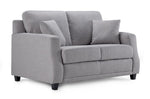Jessica Sofa and Loveseat Set - Dove loveseat angled view with two seat cushions, toss pillows and curved arms
