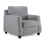 Jessica Chair - Dove angled view with a plush back cushion, wide seat, curved arms and dark tapered legs