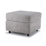 Jupiter Ottoman in ash grey fabric with plush square cushion, upholstered base and short black legs