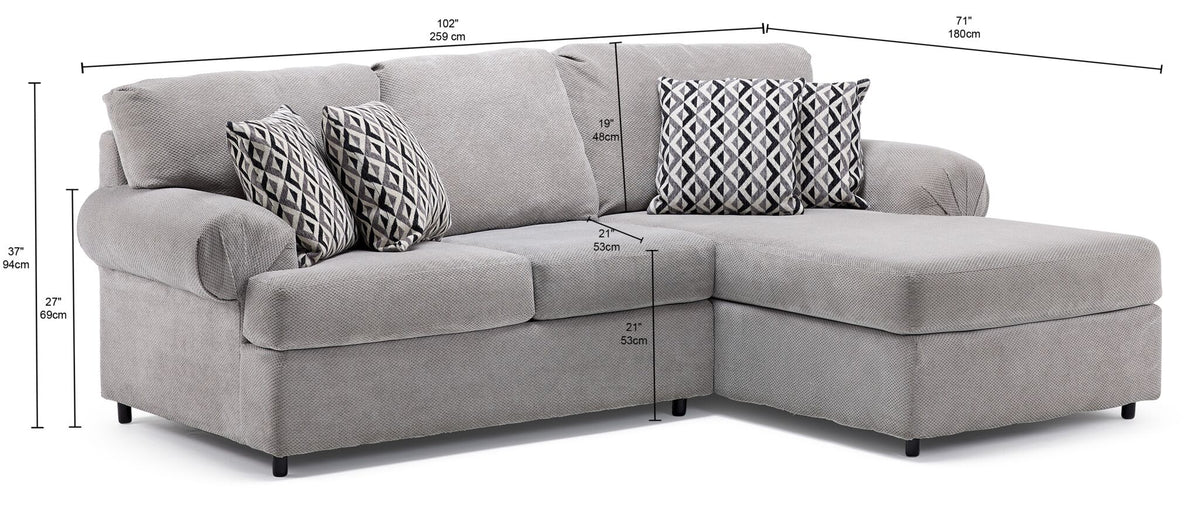 Jupiter 2-Piece Sectional with Right-Facing Chaise - Ash Grey shown with product dimensions and seating measurements