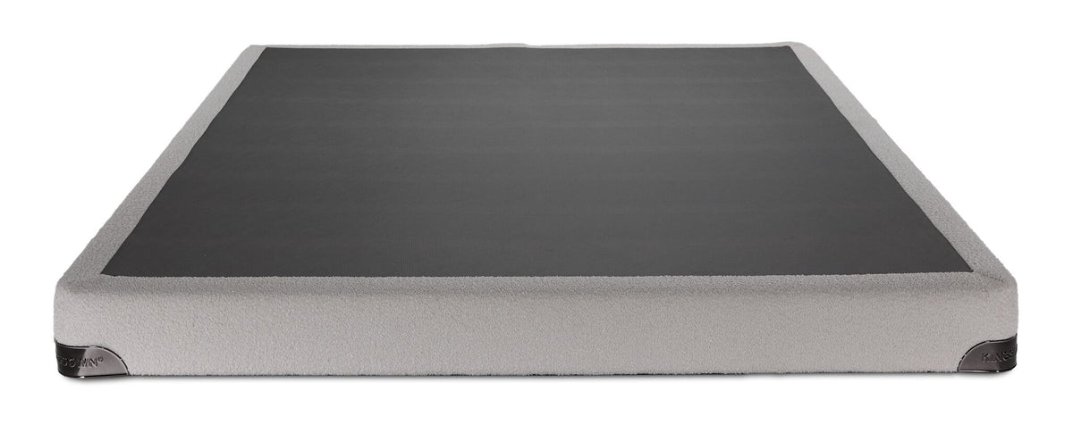 Front view of the Kingsdown White Boucle twin low-profile boxspring with beige polyester upholstery and black support surface