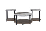 Kosmos 35.43" Coffee Table and 2 End Tables - Faux Marble/Dark Oak with round tops, black legs and lower shelves