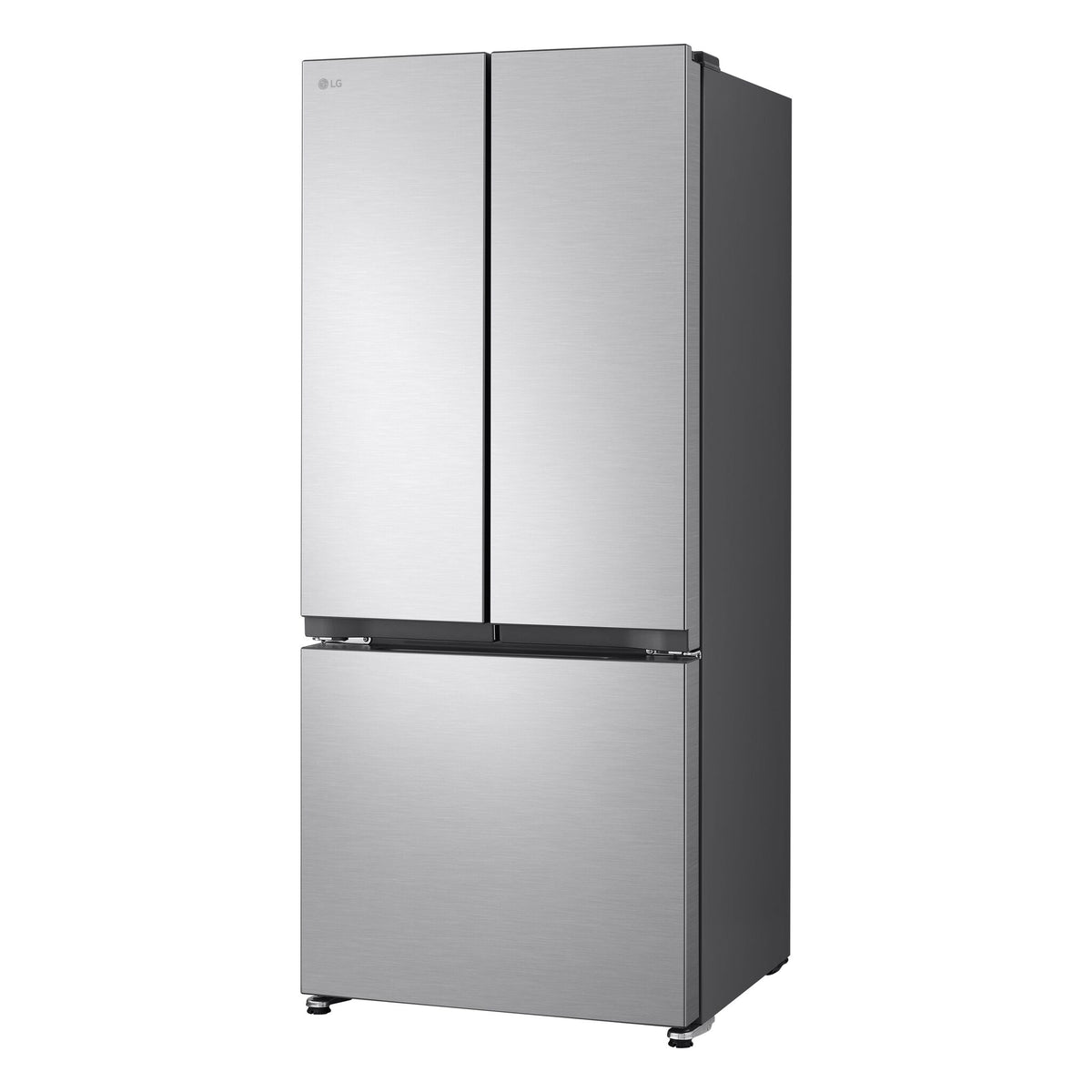 LG 30" 18.2 Cu. Ft. French Door Refrigerator in stainless steel shown from a three-quarter angle with bottom freezer