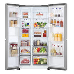 Fully stocked interior displaying freezer shelves, fresh food storage, door bins and produce drawers