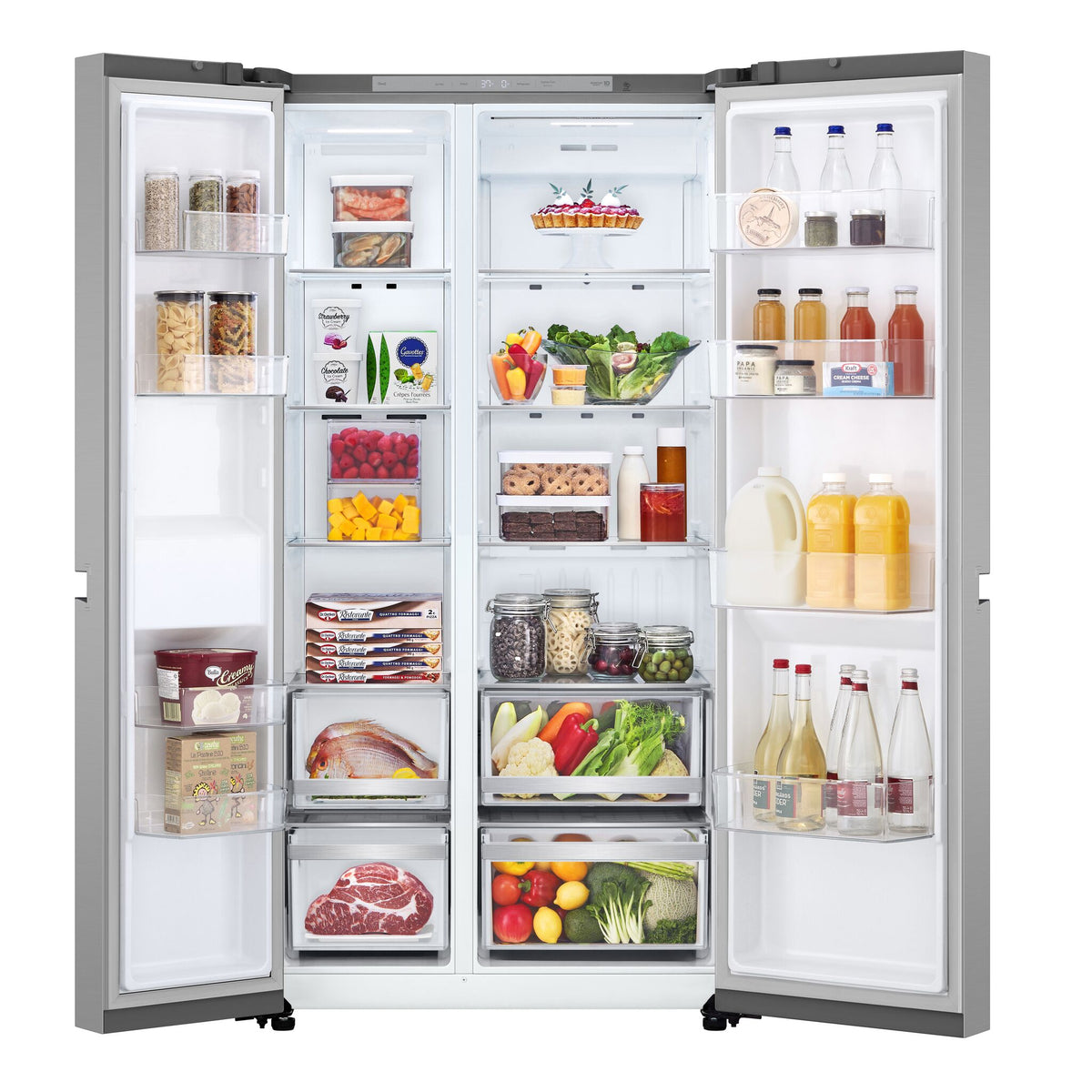 Fully stocked interior displaying freezer shelves, fresh food storage, door bins and produce drawers