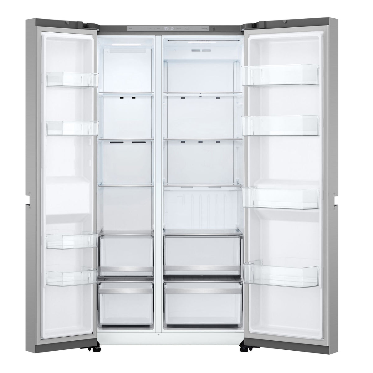 Open refrigerator showing glass shelves, clear door bins and four lower storage drawers