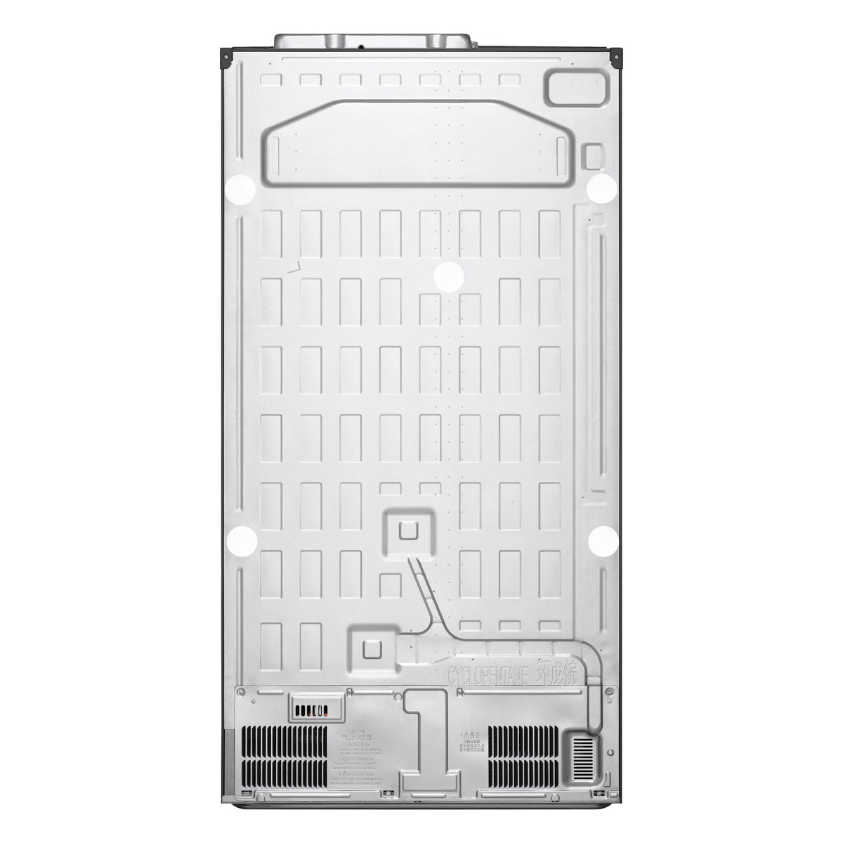Rear view showing the refrigerator back panel, wiring and lower ventilation openings