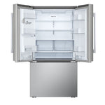 Open refrigerator showing glass shelves, clear door bins, produce drawers and full-width storage drawer