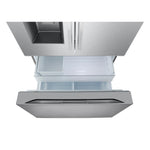 Top view of the open freezer showing divided bins and full-width pullout storage