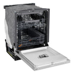 LG smart dishwasher open at an angle showing stainless steel interior, adjustable racks and cutlery basket