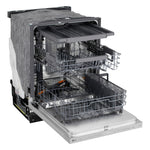 LG stainless steel dishwasher open with upper, lower and third racks extended for loading