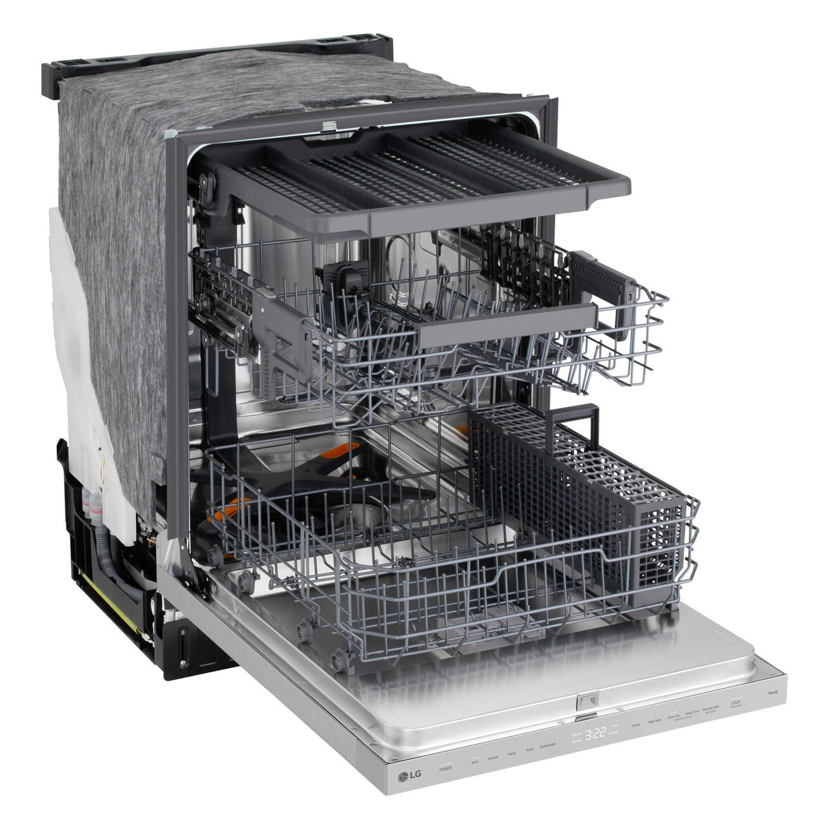LG stainless steel dishwasher open with upper, lower and third racks extended for loading