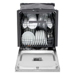 LG smart dishwasher open and loaded with plates, bowls, glasses and cutlery across multiple racks