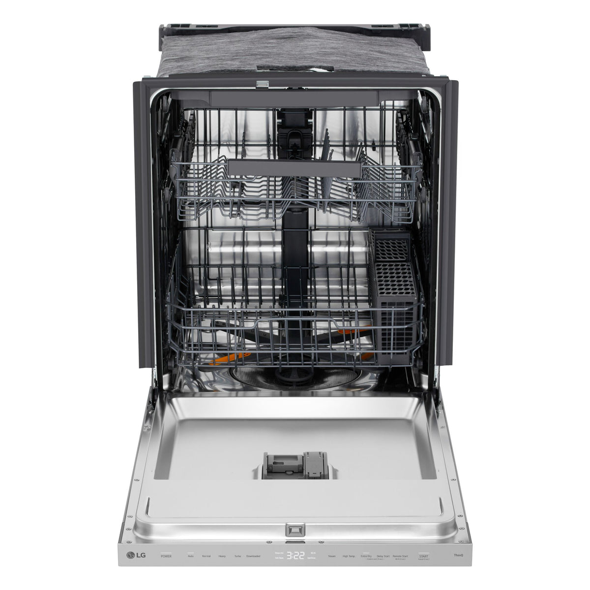 LG stainless steel dishwasher open from the front showing upper and lower racks and third rack