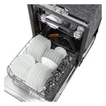 Top-down view of LG dishwasher loaded with plates, bowls, glasses and cutlery in adjustable racks