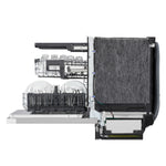 Side profile of LG dishwasher with door open and loaded racks extended to show interior storage capacity