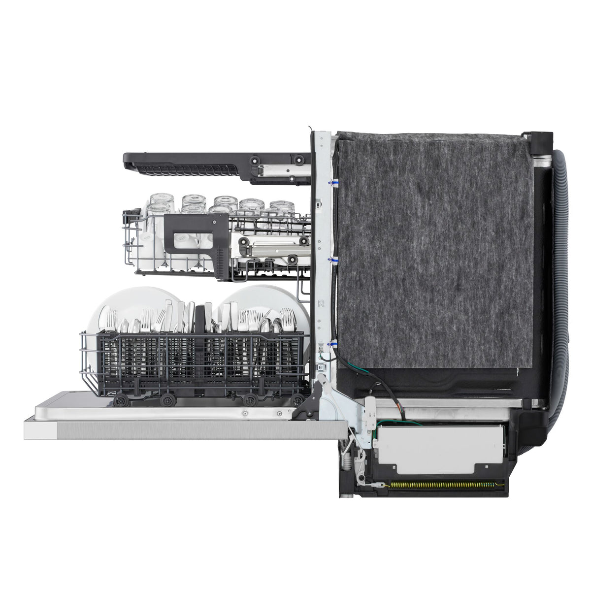 Side profile of LG dishwasher with door open and loaded racks extended to show interior storage capacity