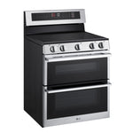 LG 7.3 cu. ft. Smart Double Oven Electric Range angled side view showing control knobs