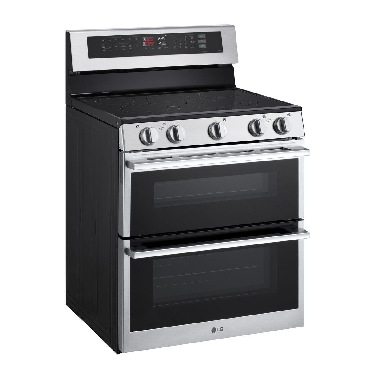 LG 7.3 cu. ft. Smart Double Oven Electric Range angled side view showing control knobs