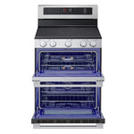 LG Double Oven Electric Range front view showing both upper and lower blue interior ovens open