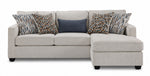Front view of Laila beige polyester sofa chaise with patterned accent pillows and chaise positioned on the right