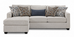 Front view of Laila beige polyester sofa chaise with patterned accent pillows and chaise positioned on the left