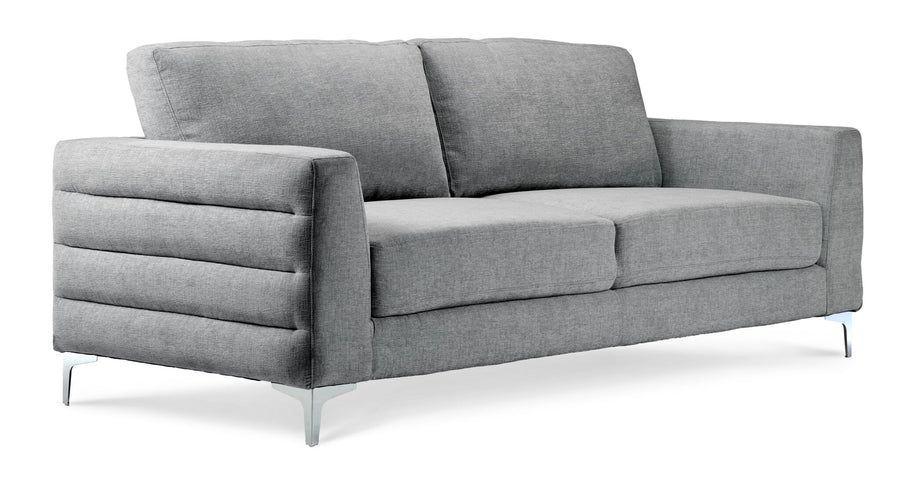 Micah light grey sofa with track arms, three seat cushions, chrome legs and angled front view