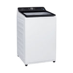 Angled view highlighting the white cabinet, glass lid and rear control panel