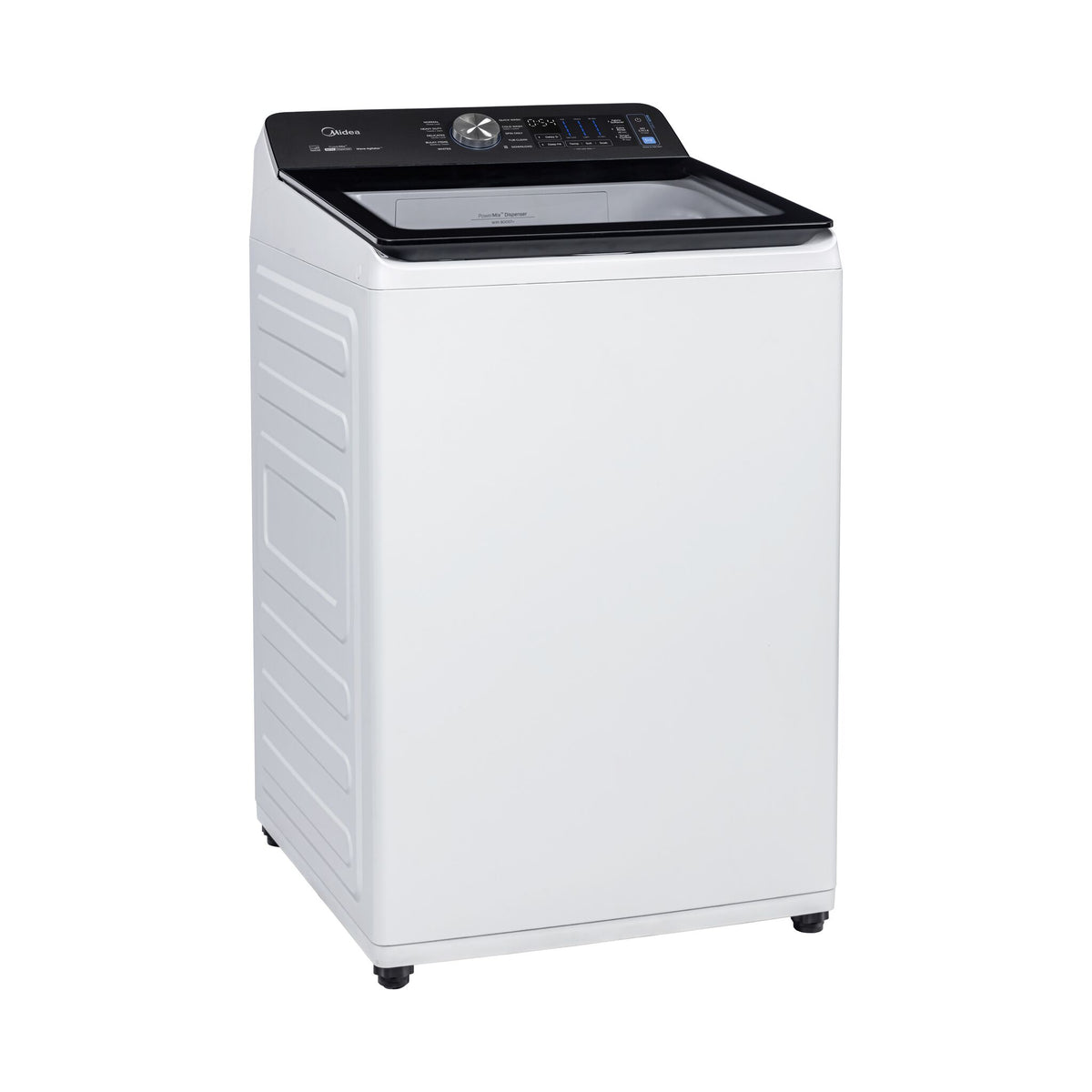 Angled view highlighting the white cabinet, glass lid and rear control panel