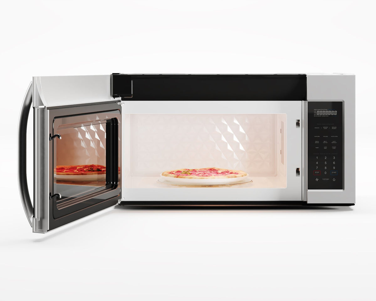 Open microwave with illuminated interior and pizza on the glass turntable