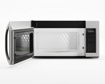 Open microwave showing white interior, glass turntable and black touch control panel