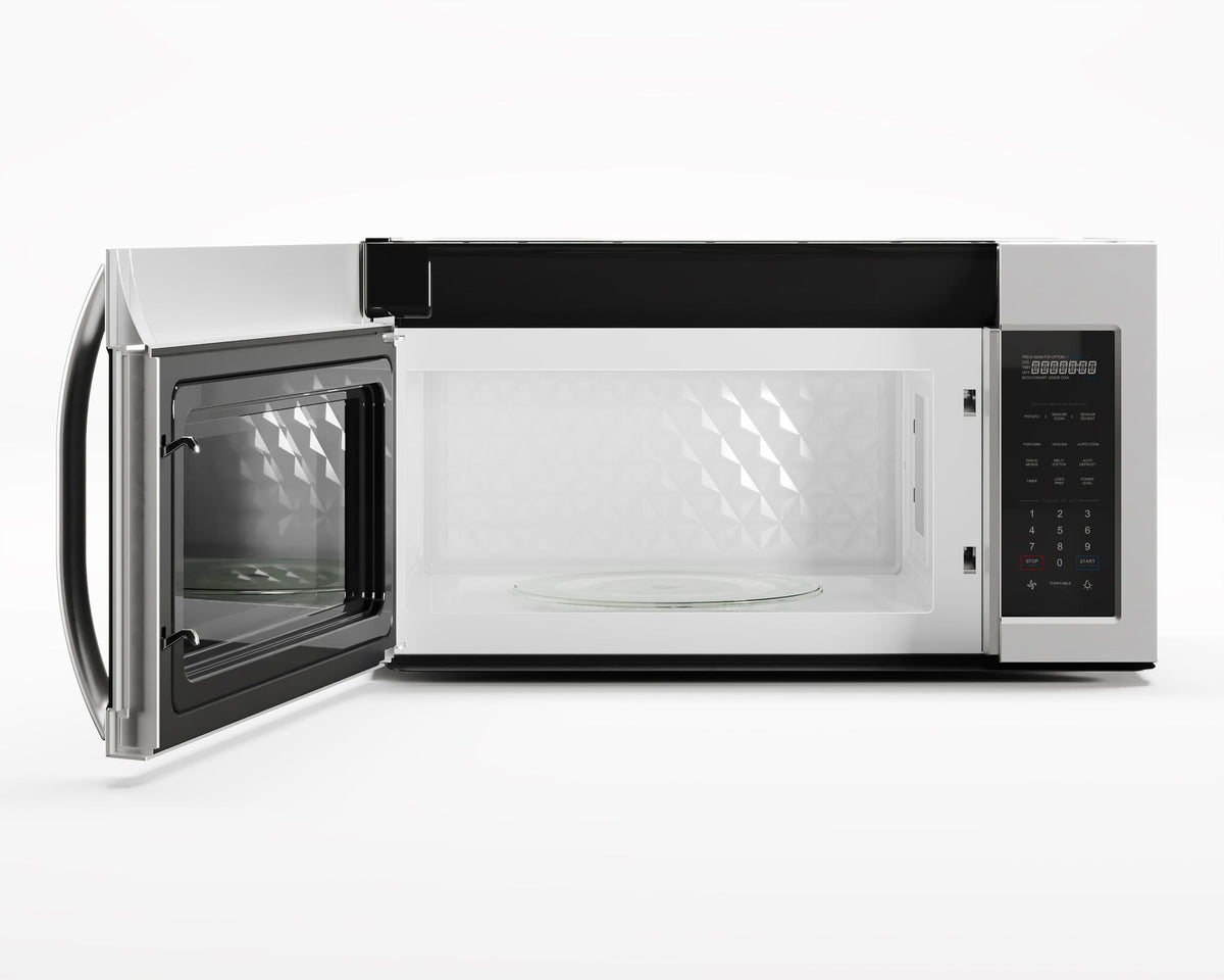 Open microwave showing white interior, glass turntable and black touch control panel