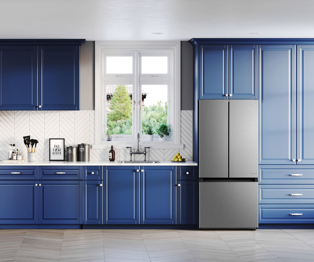 Midea 30-inch French door refrigerator installed beside blue kitchen cabinetry