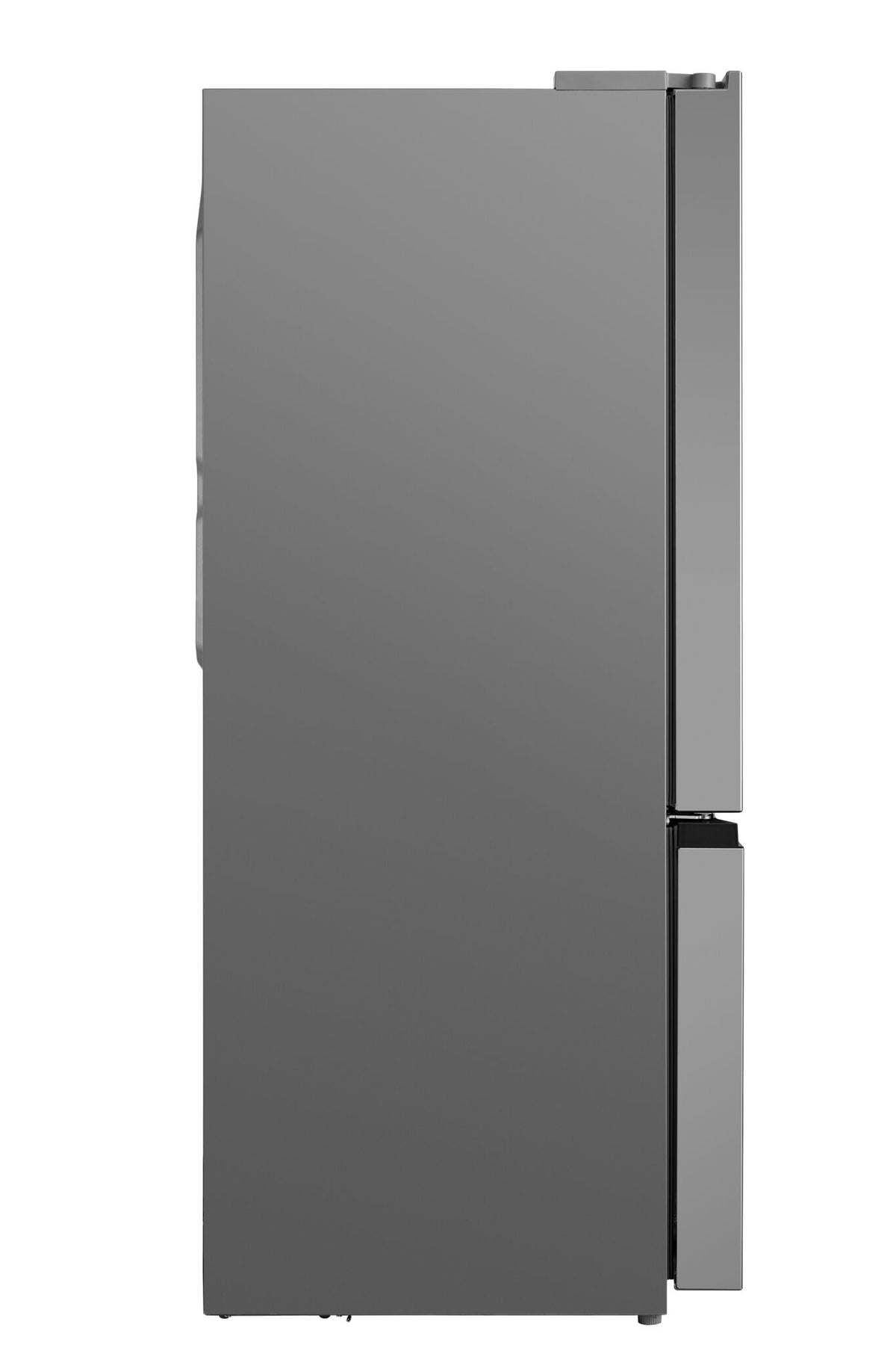 Side profile highlighting the counter-depth cabinet and stainless steel doors