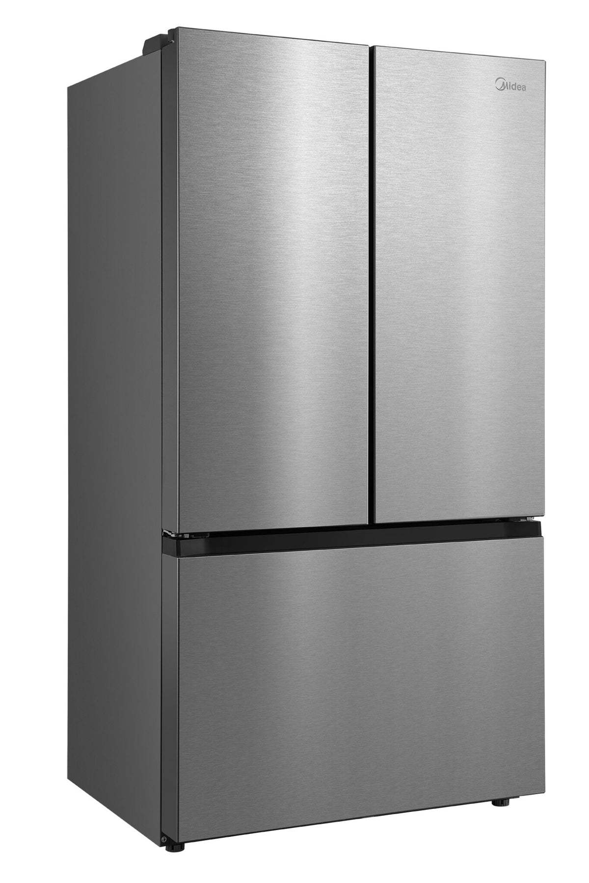 Angled view highlighting the stainless steel finish and counter-depth three-door design