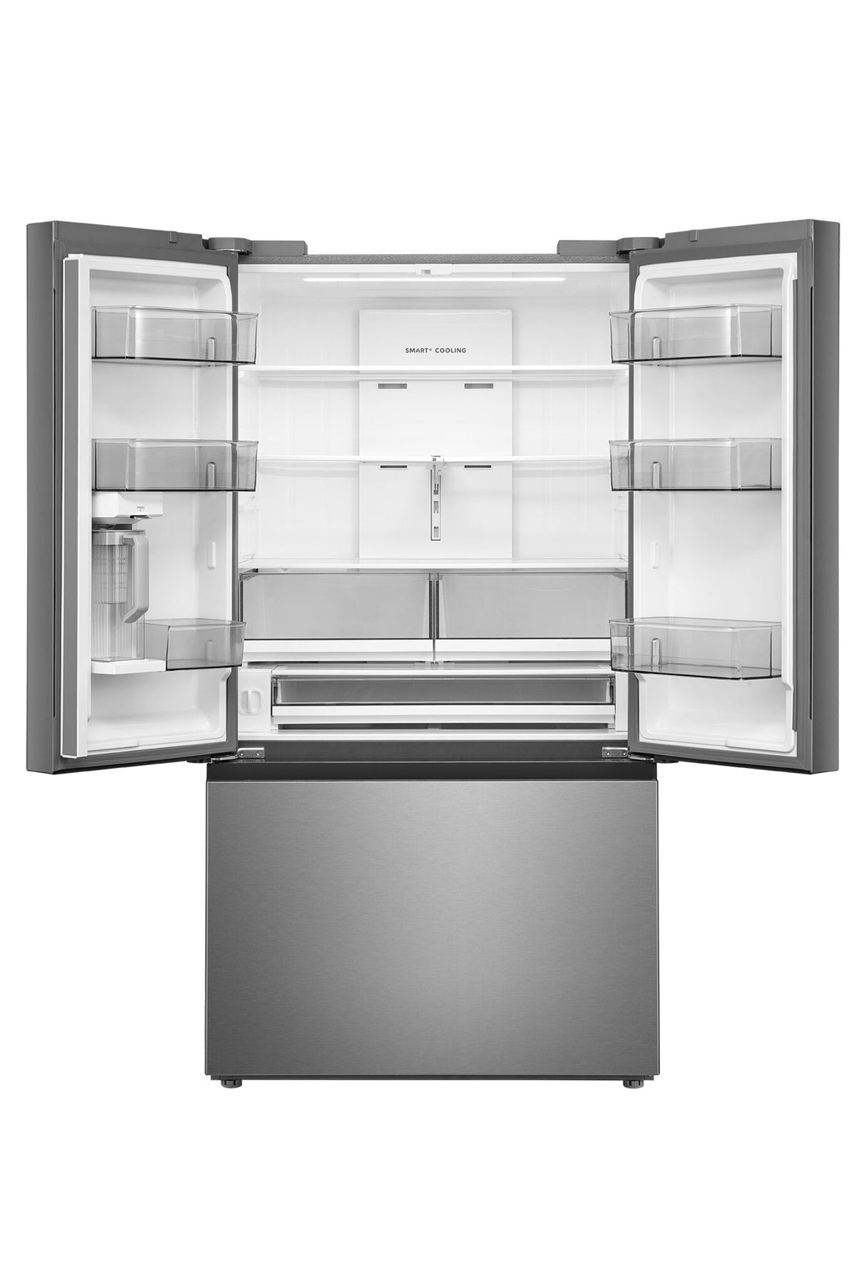 Open refrigerator showing glass shelves, clear door bins and storage drawers