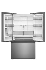 Open refrigerator showing glass shelves, clear door bins and storage drawers