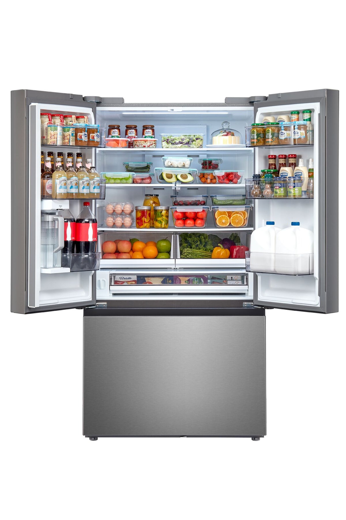 Stocked refrigerator interior with beverages, produce and fresh foods