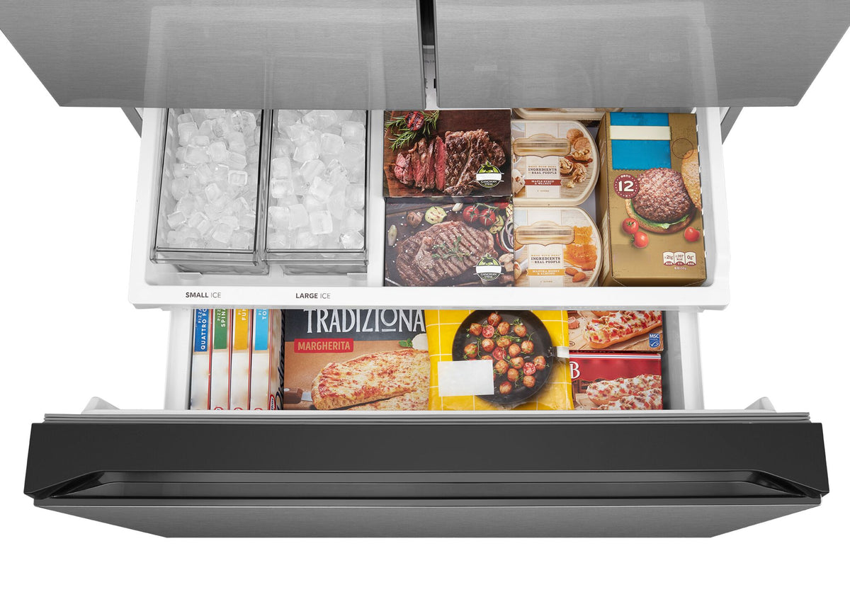 Freezer drawer loaded with frozen foods and separate small and large ice bins