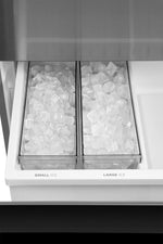 Dual freezer ice bins filled with small and large ice cubes